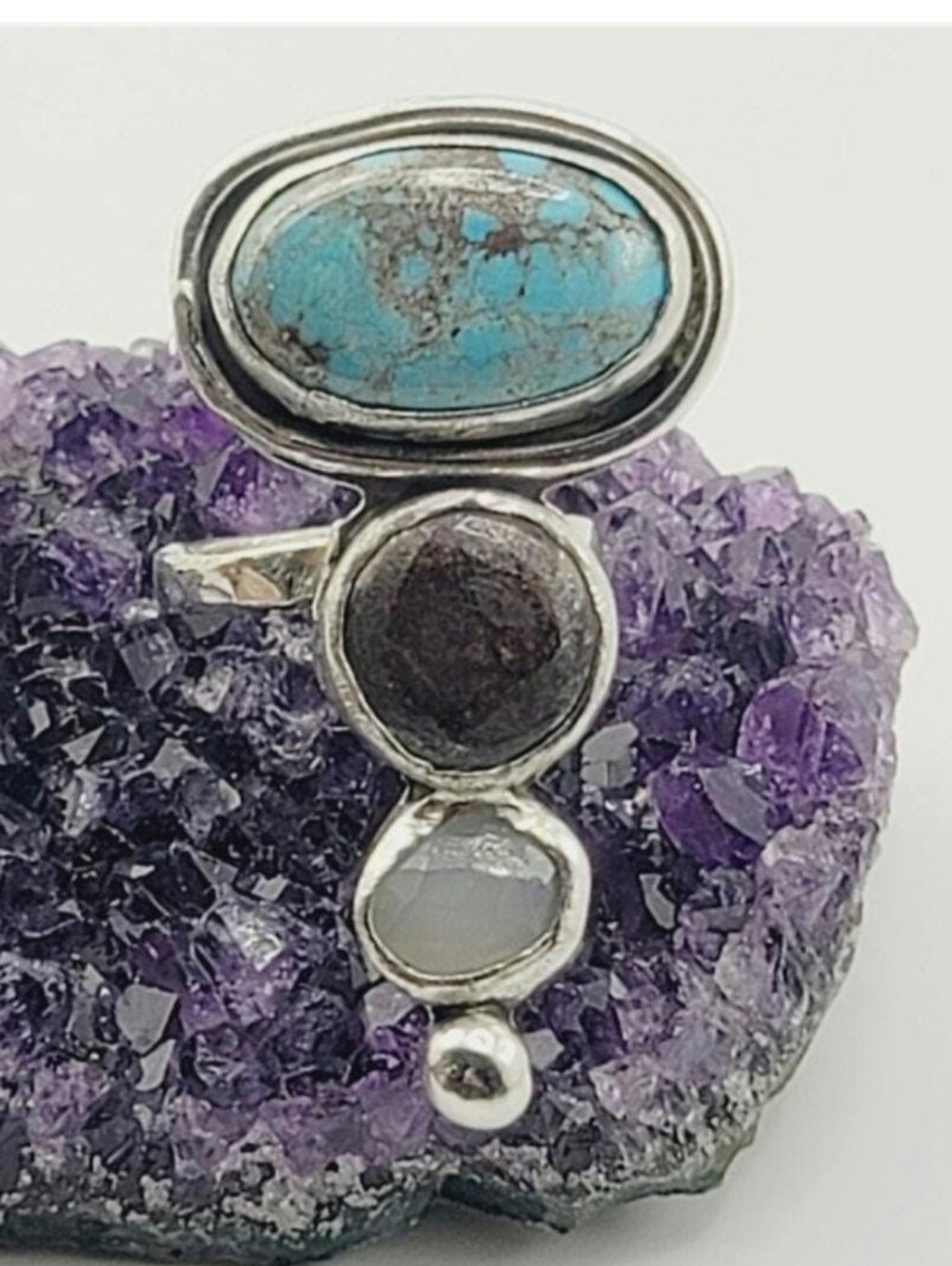 TURQUOISE, BRONZITE & MOONSTONE BOHEMIAN RING HANDMADE IN STERLING SILVER SIZE 8